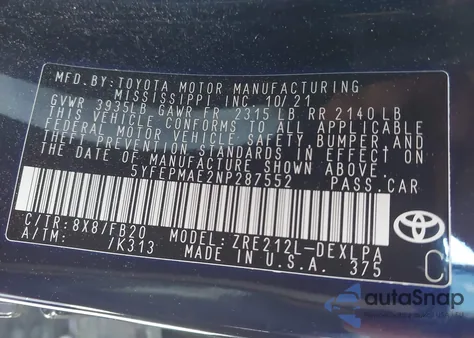 2022 Toyota Corolla Le from USA, damaged, VIN 5YFEPMAE2NP287552